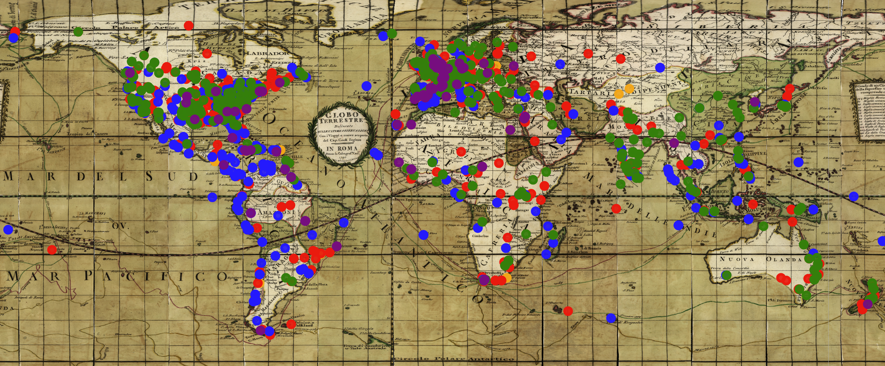 Comparative map showing locations from Robinson Crusoe and all related source texts.